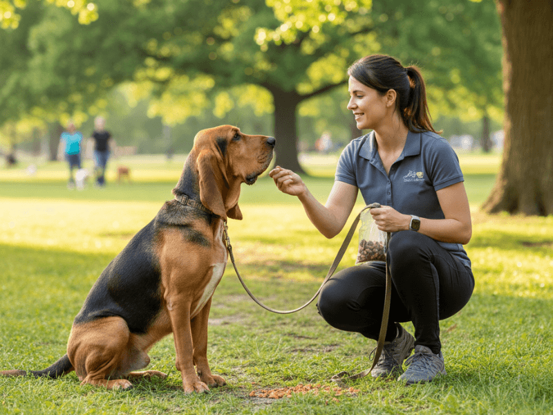 Hound dog following commands during training session outdoors