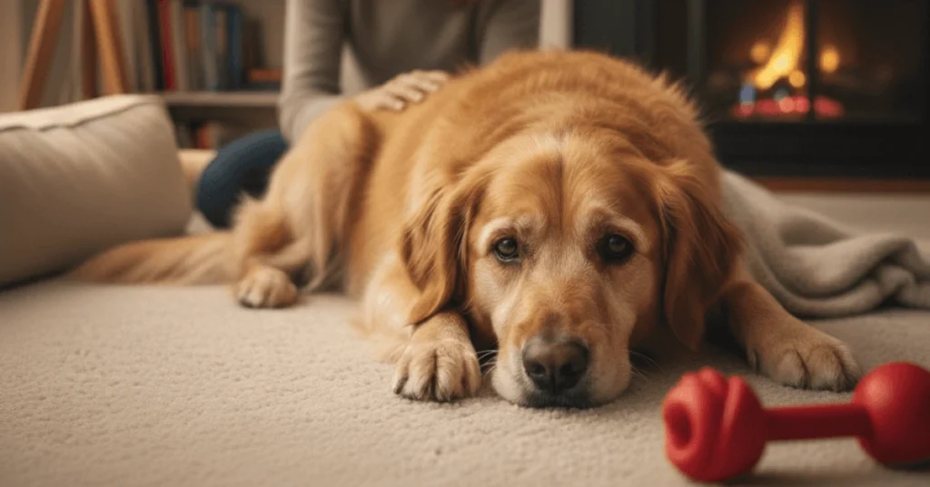 Sick dog lying on a blanket with a concerned owner beside it in a warm and cozy home setting