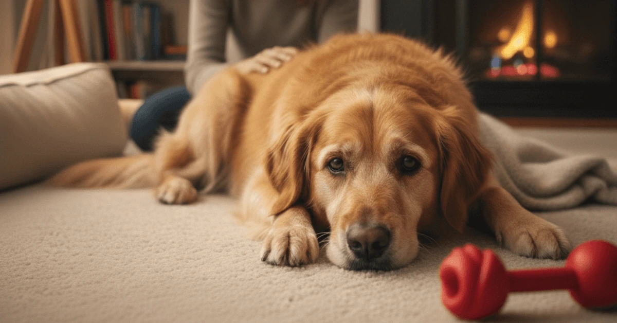 Sick dog lying on a blanket with a concerned owner beside it in a warm and cozy home setting