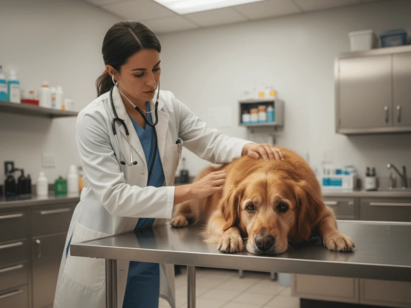 A veterinarian examining a dog on a clinic table while the owner watches.