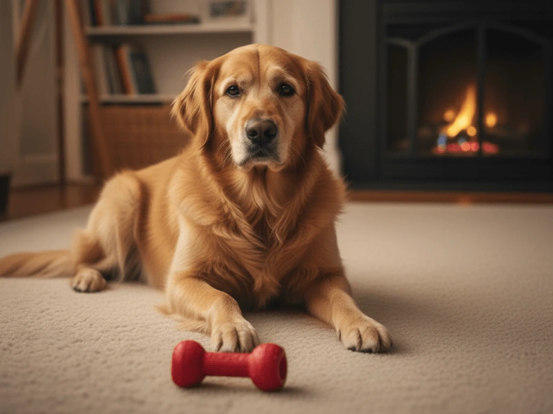A dog ignoring a toy on the floor with a sad, uninterested expression.