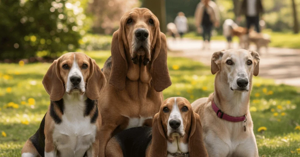 Hound dog breeds sitting together outdoors including Beagle, Bloodhound, Greyhound, and Basset Hound