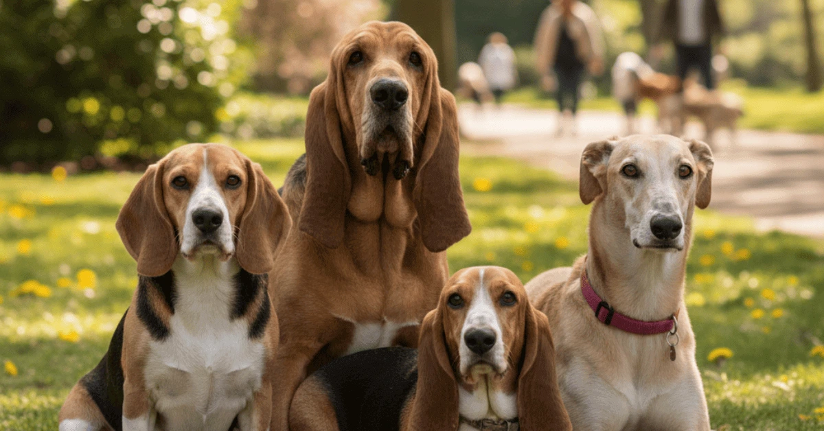 Hound dog breeds sitting together outdoors including Beagle, Bloodhound, Greyhound, and Basset Hound
